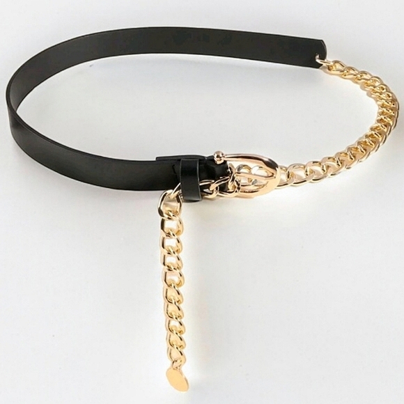 Womens edgy black Faux leather Y2K metal gold chain waist punk rock dress belt - Picture 17 of 17